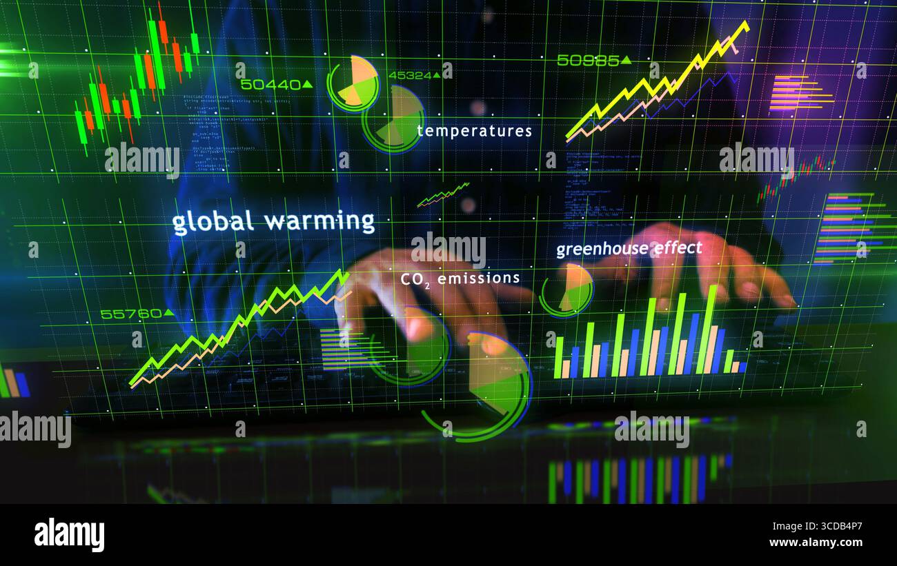 Tabelle e grafici relativi al riscaldamento globale e al cambiamento climatico con tastiera per computer. L'analisi digitale e il report sullo schermo 3d visualizzano l'immagine Foto Stock