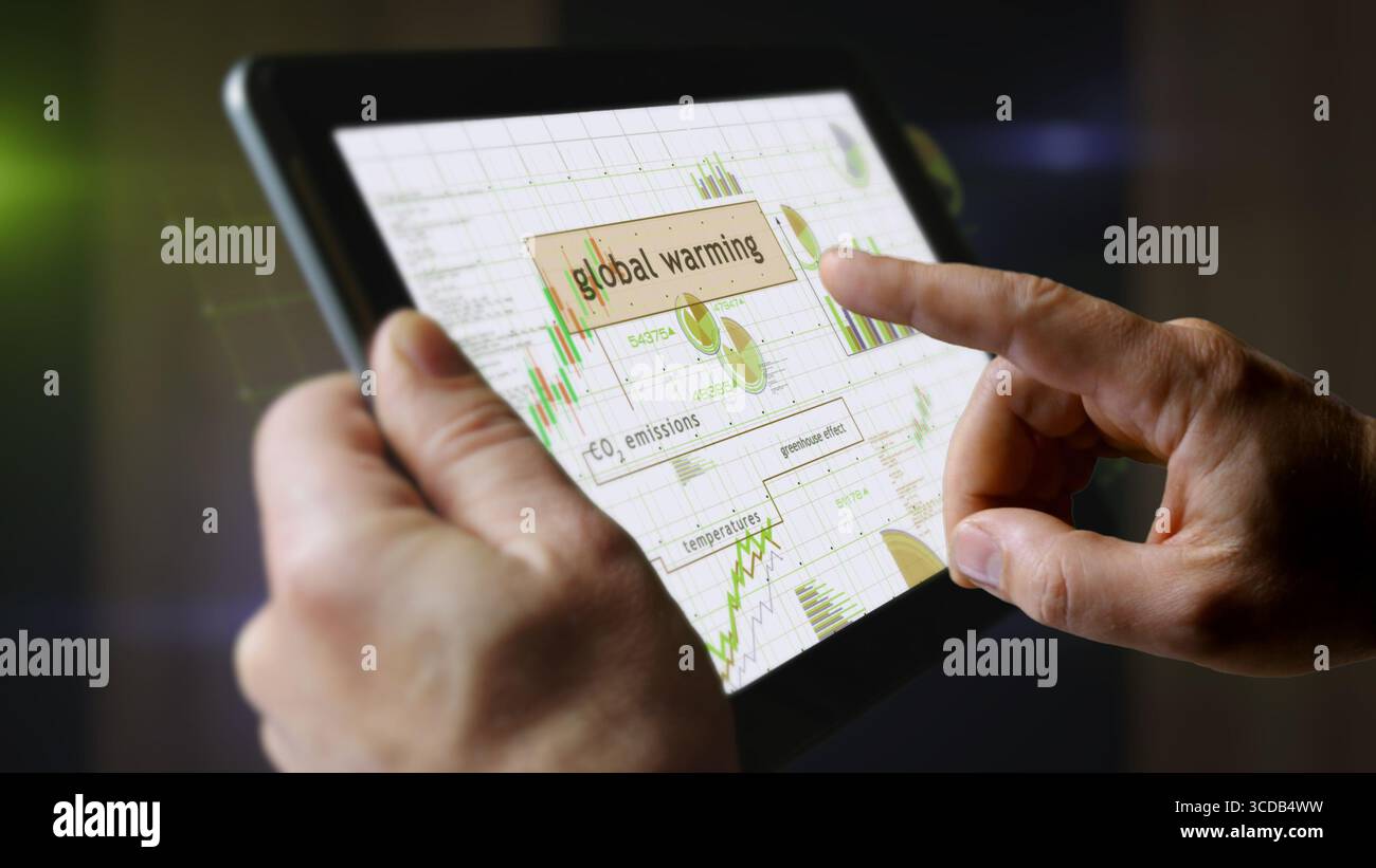 Tabelle e grafici relativi al riscaldamento globale e al cambiamento climatico sul display del touch screen. Schermo tablet touch con le dita in mano. Analisi e report digitali Foto Stock