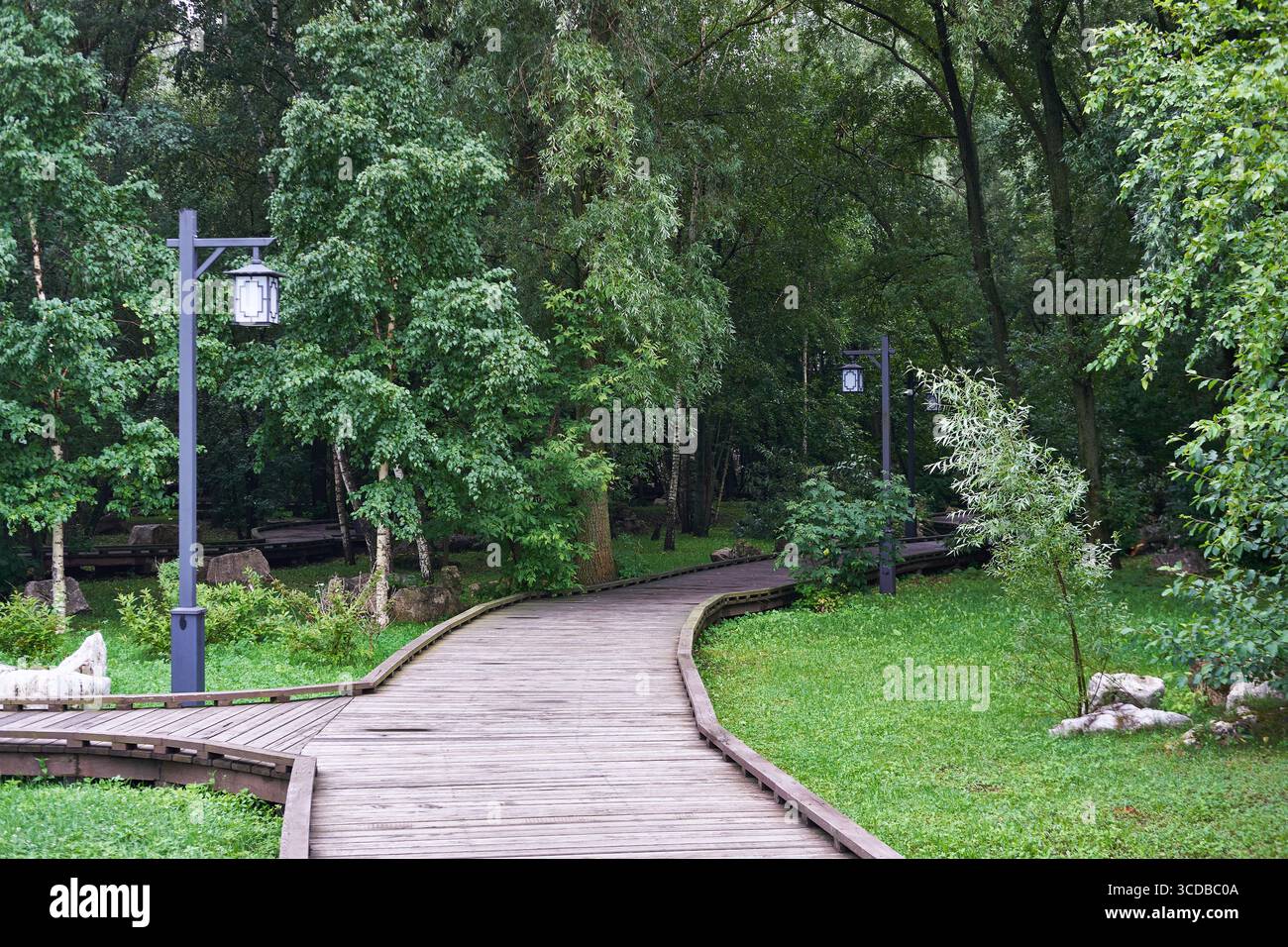 Mosca, Russia - 17 luglio 2025: Passerella in legno curvante con Lanterne attraverso lussureggianti alberi verdi in un tranquillo parco cittadino Foto Stock