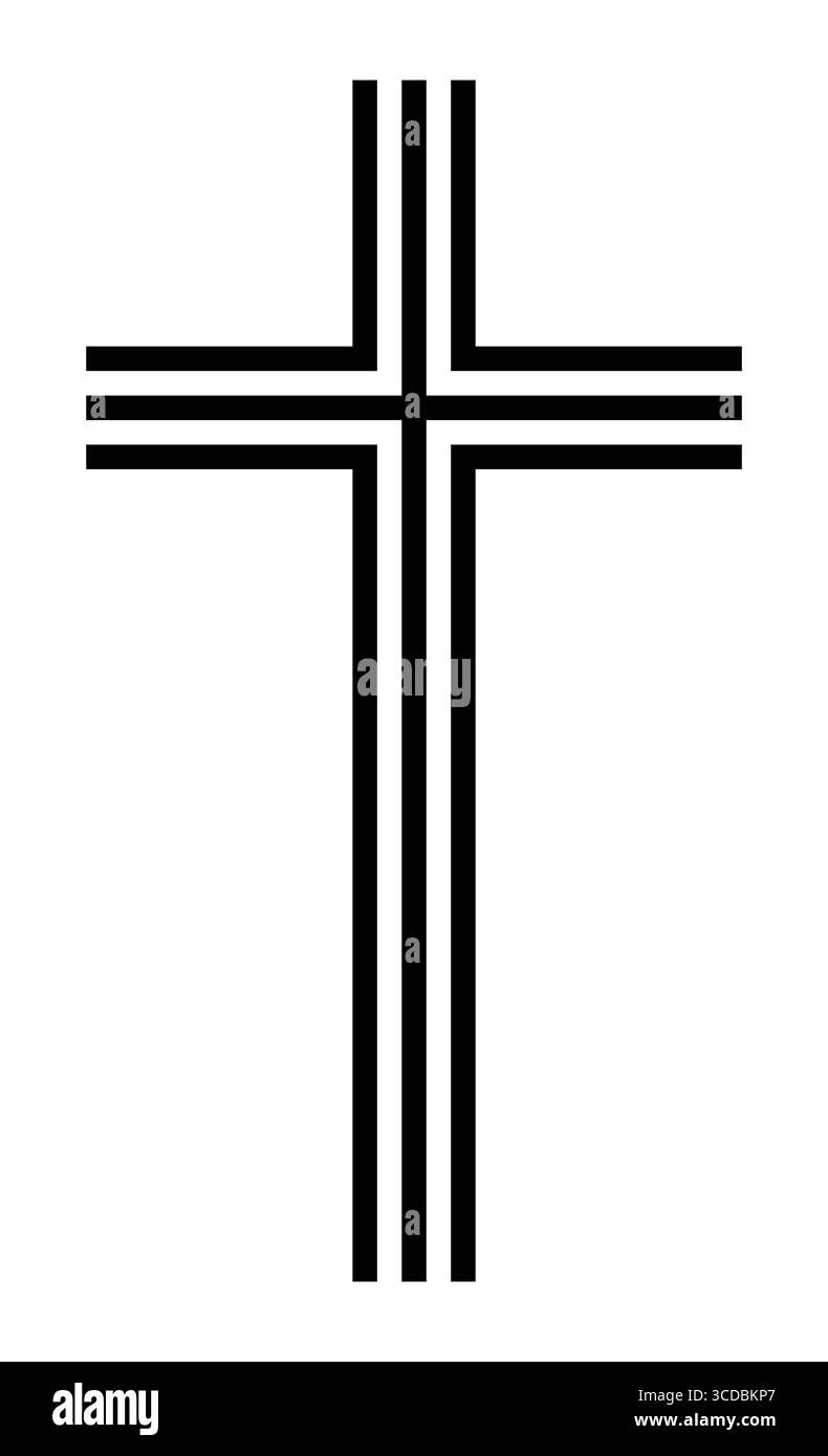 Croce cristiana, silhouette vettoriale in bianco e nero illustrazione di forma religiosa latina a tre linee, isolata sul bianco Illustrazione Vettoriale