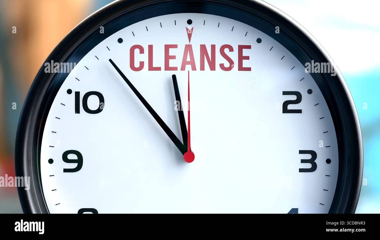 Ripulire ciò che accadrà presto. Pulizia in arrivo, in avvicinamento nel prossimo futuro. Pulire quasi qui, in breve tempo - un orologio simboleggia un re Foto Stock