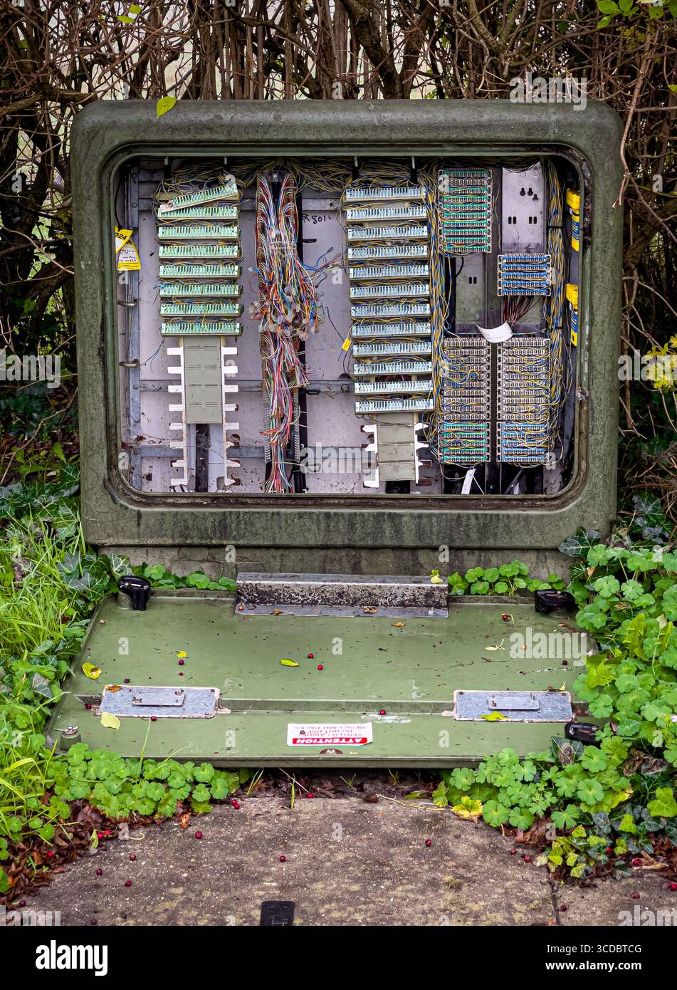 Scatola per telecomunicazioni vandalizzata con cavi telefonici esposti e collegamenti danneggiati. REGNO UNITO Foto Stock