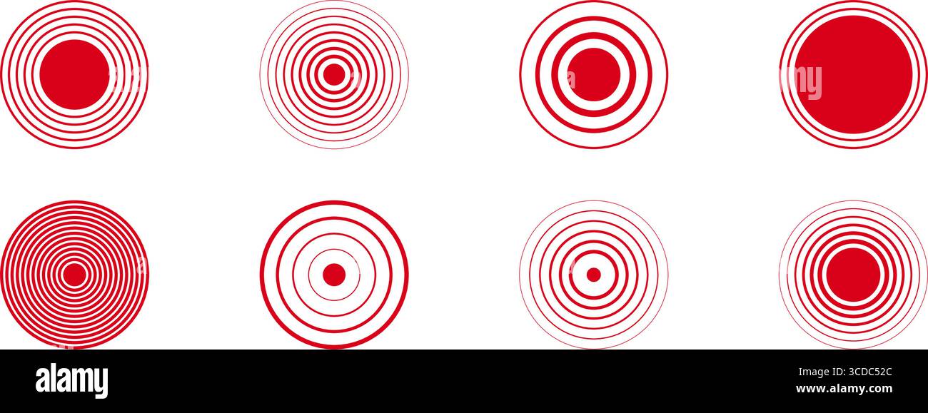 Set di icone Red Pain Circle Targets, Medical Pointing Spot e Health Pressure Focus Indicators. Simbolo di localizzazione di disturbi corporei e lesioni personali Illustrazione Vettoriale