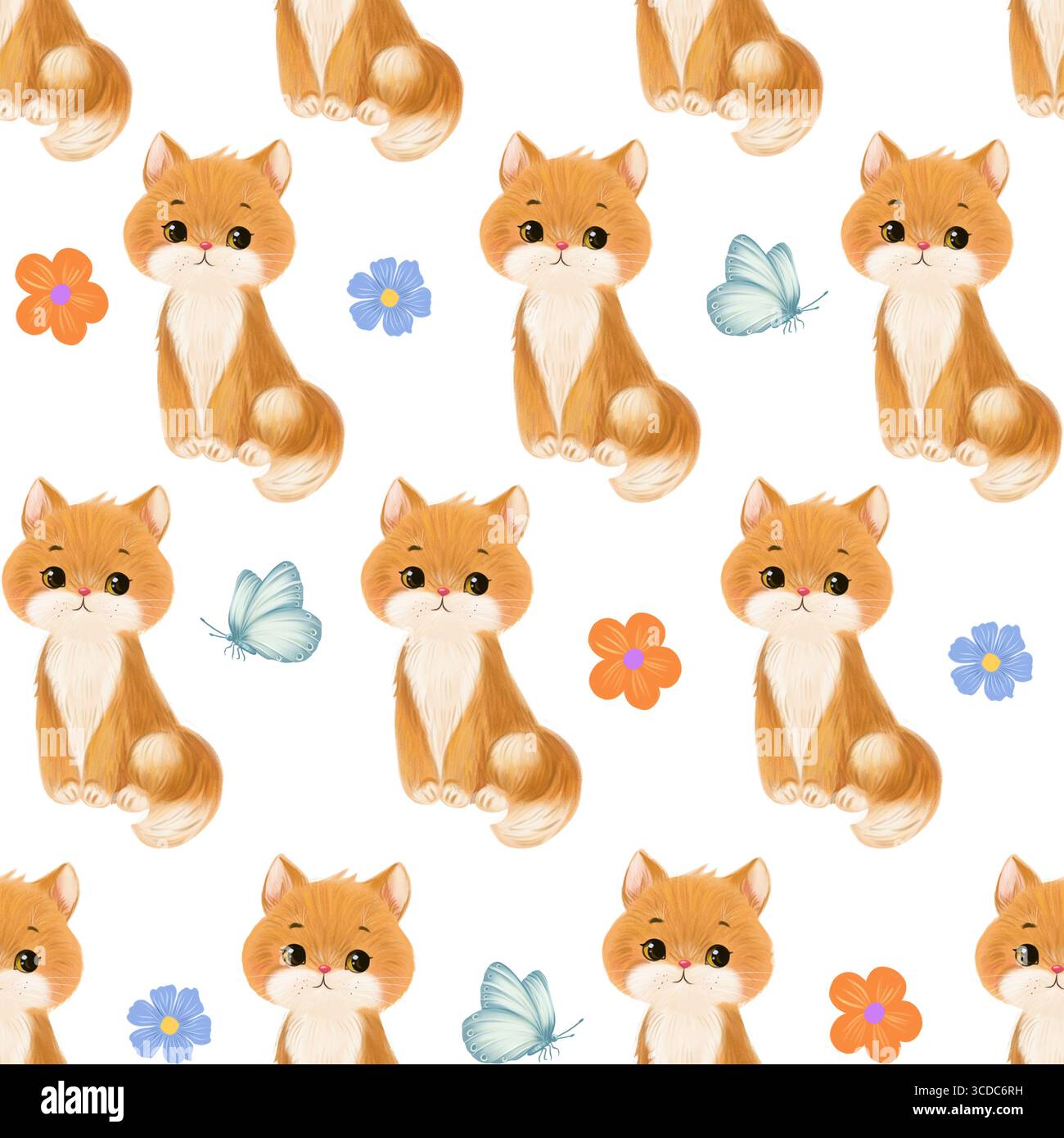 Motivo acquerello senza cuciture con gatto dello zenzero, fiori colorati e farfalle. Design morbido e accattivante, perfetto per i tessuti Foto Stock