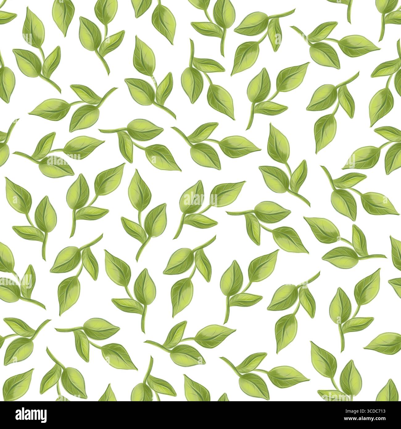 Motivo acquerello senza cuciture con foglie verdi su sfondo bianco. Design botanico dipinto a mano con texture morbide e forme naturali Foto Stock