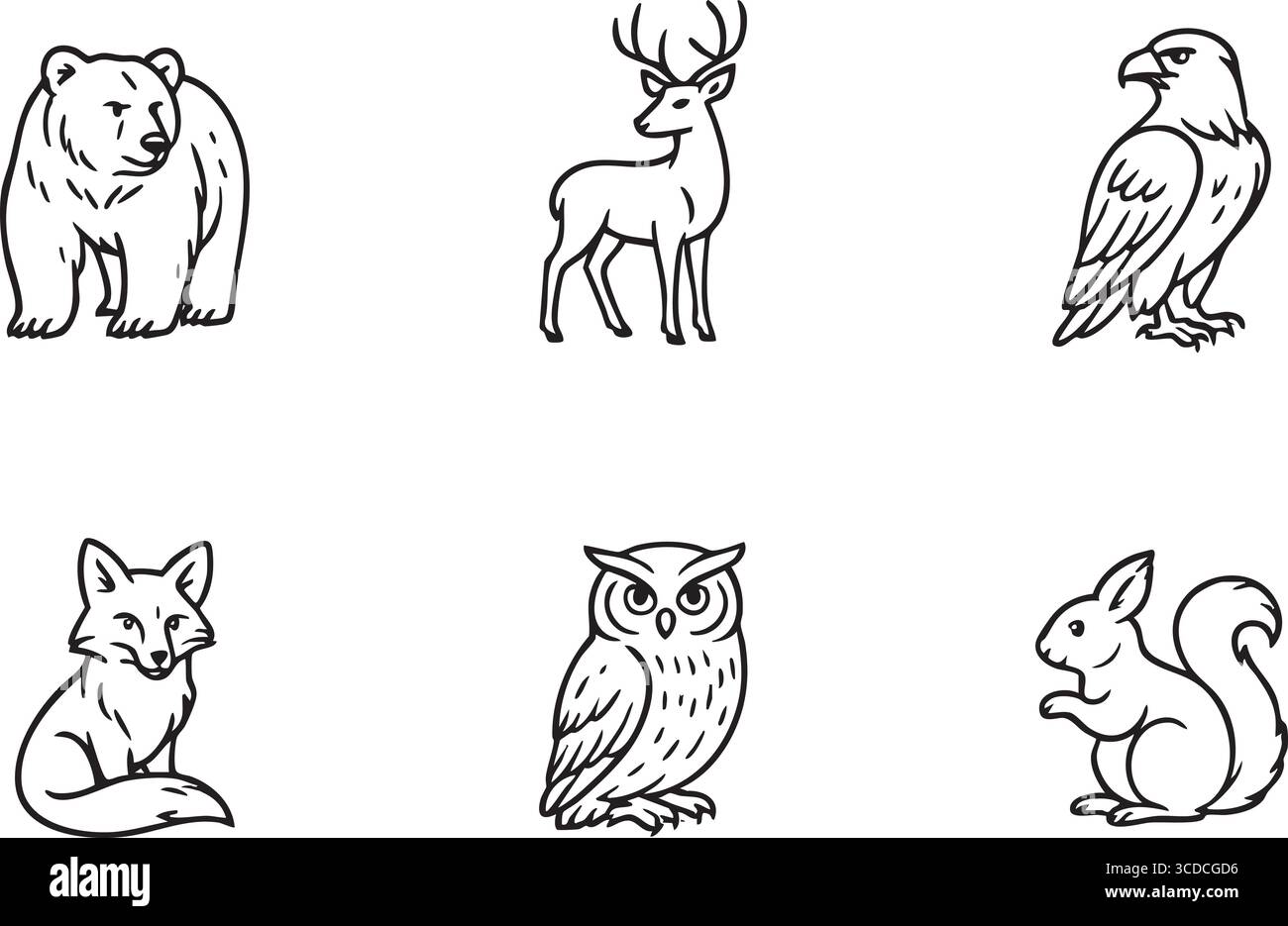 Serie di semplici animali della linea nera con un orso in piedi un cavallo trotto un uccello arroccato un gatto seduto un gufo e uno scoiattolo. Illustrazione Vettoriale