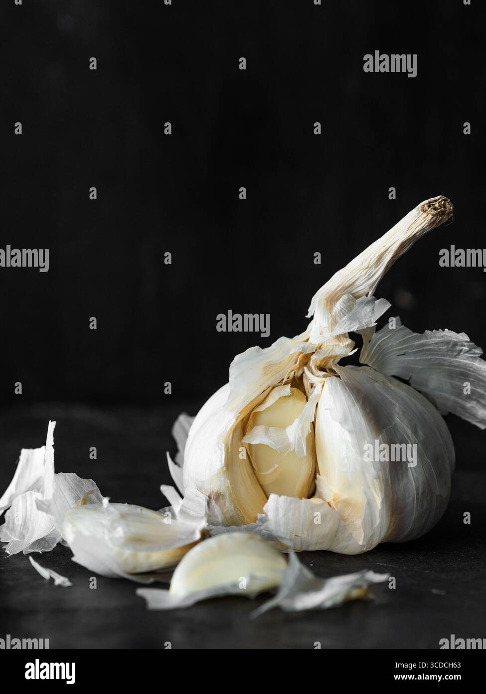 Bulbo d'aglio intero con spicchi sciolti e pelle di carta su sfondo scuro. Foto Stock