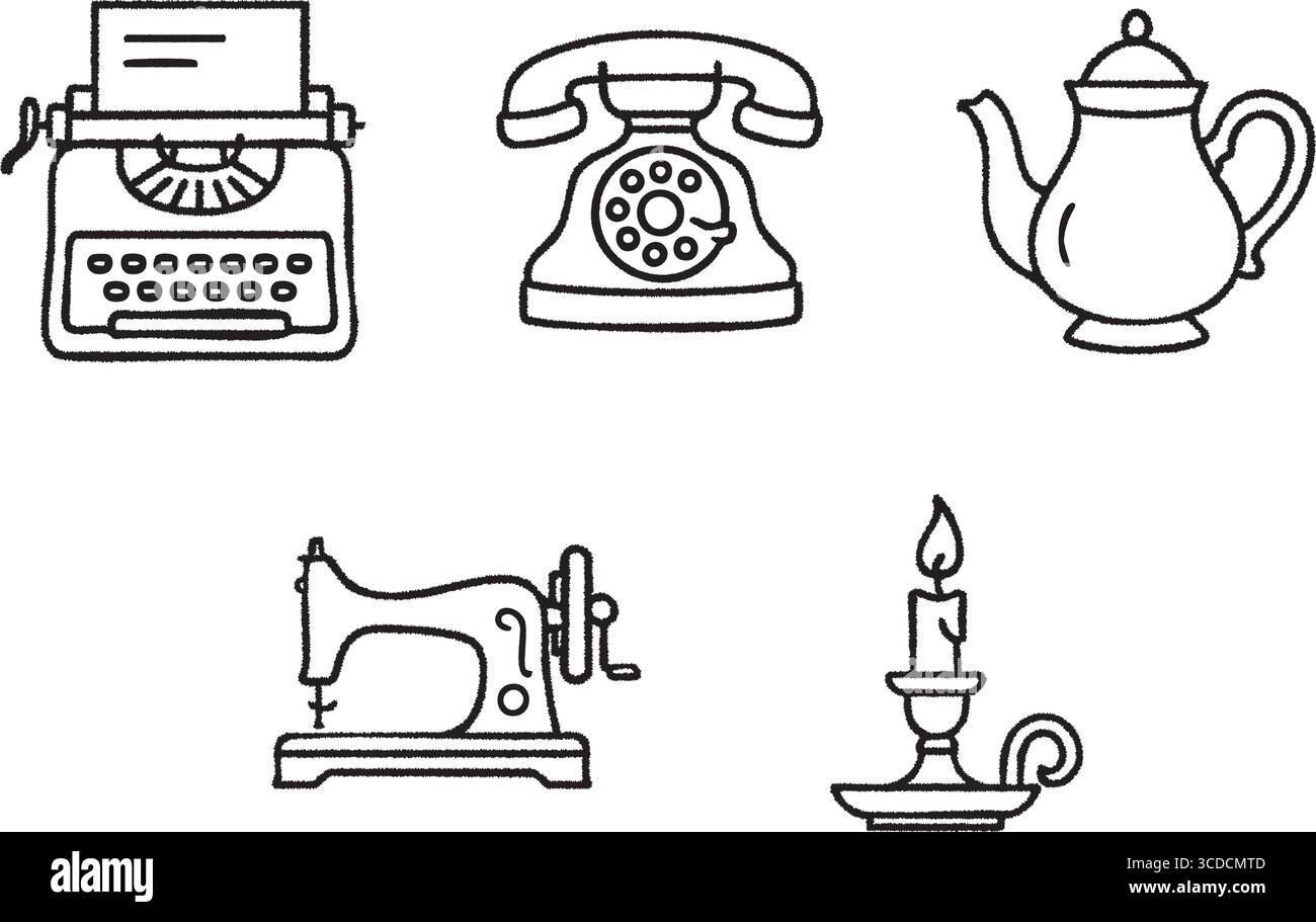 Disegni a linee a tema retrò che mostrano una macchina da scrivere, un vecchio telefono, una teiera, una classica macchina da cucire, una candela accesa e un tè con piattino. Illustrazione Vettoriale