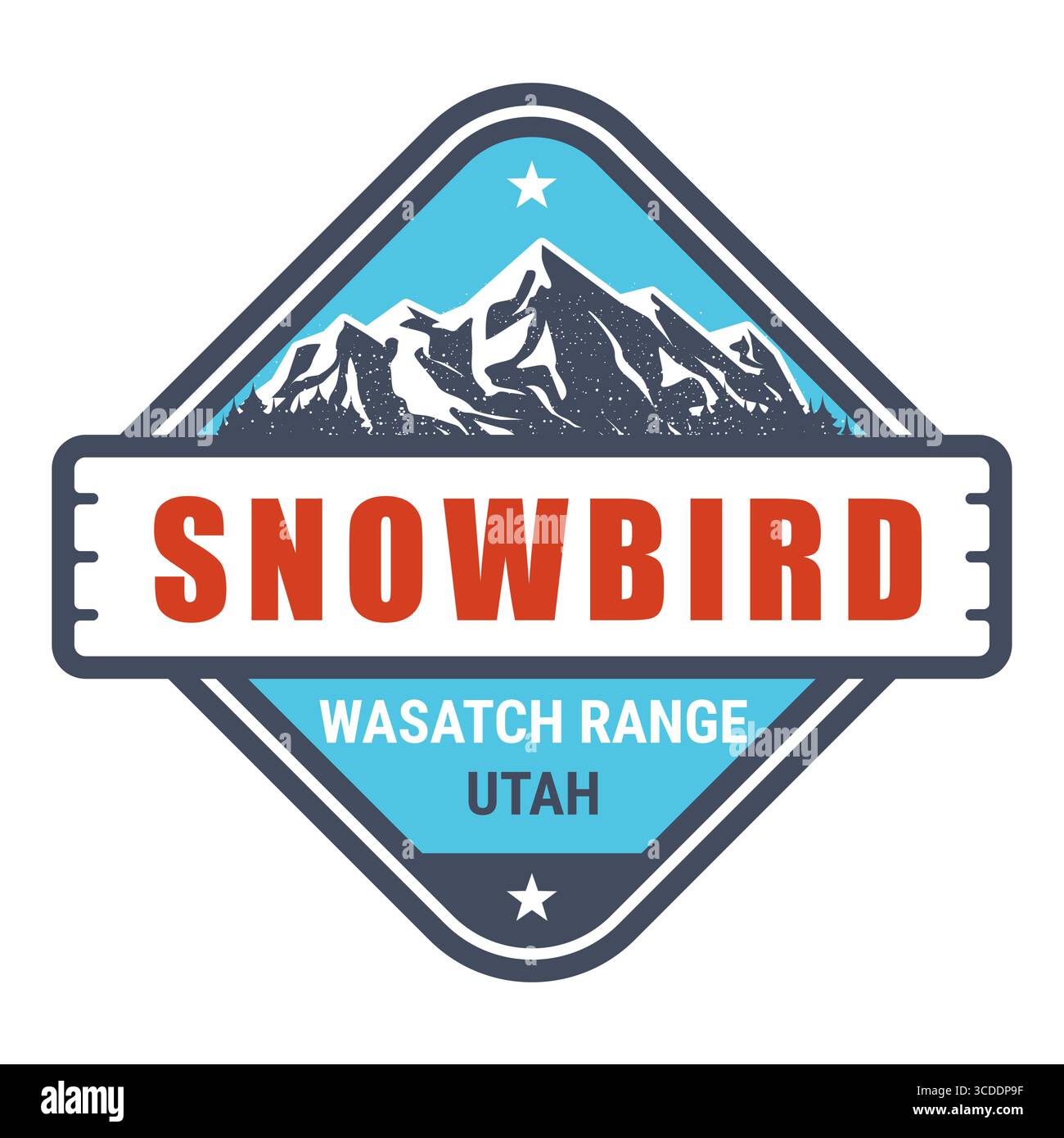 Stazione sciistica di Snowbird, Utah stamp, emblema con neve coperta, Montagne Rocciose, vettoriale Illustrazione Vettoriale