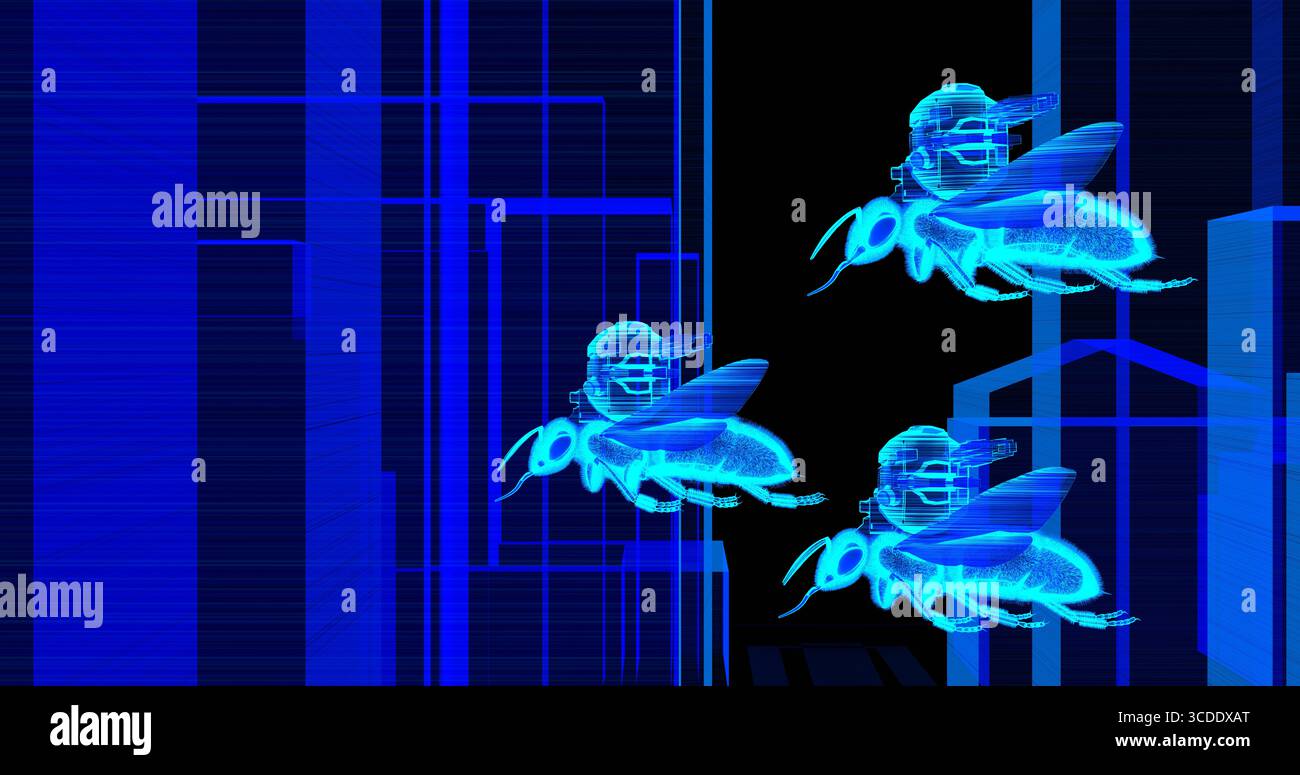 bee con chip di controllo integrato, intelligenza artificiale, rendering 3d. Foto Stock