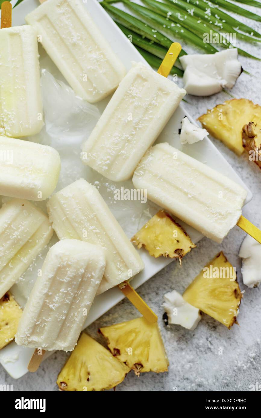 Papaveri vegani fatti in casa con latte di cocco e ananas. Delizioso e salutare spuntino estivo. Vista dall'alto, disposizione piatta Foto Stock
