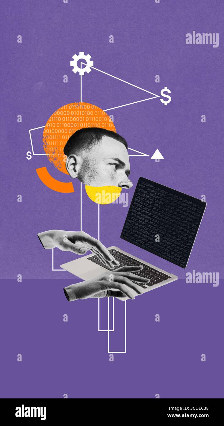 Collage astratto di programmatori che lavorano su notebook con codice binario e simboli di crescita aziendale Foto Stock