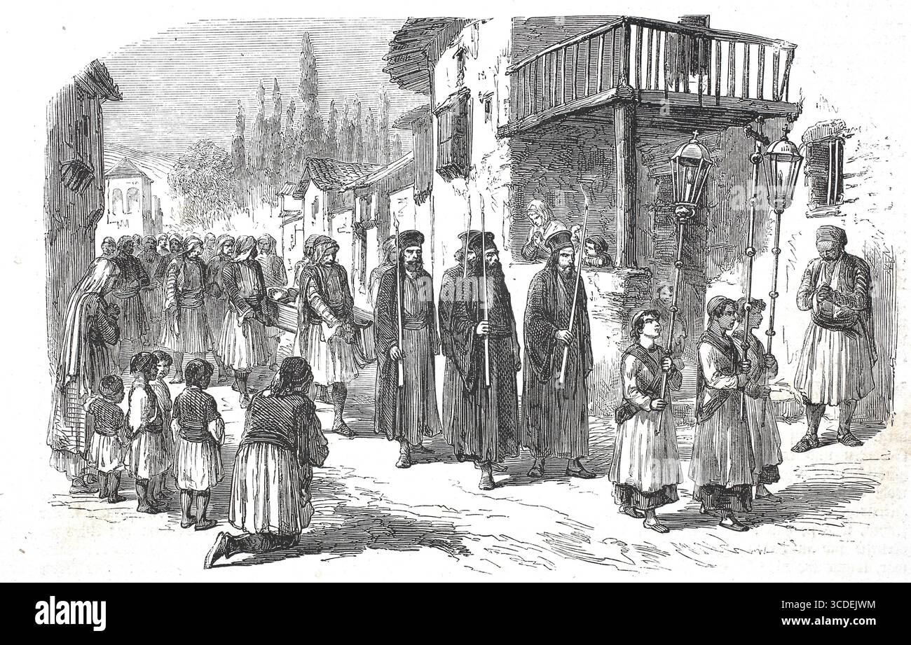 Ein Begraebnis in Eleusis, 1878, Leichenzug mit offener Bahre zum Begraebnisort, Griechenland, Historisch, digital restaurierte Reproduktion von einer Foto Stock