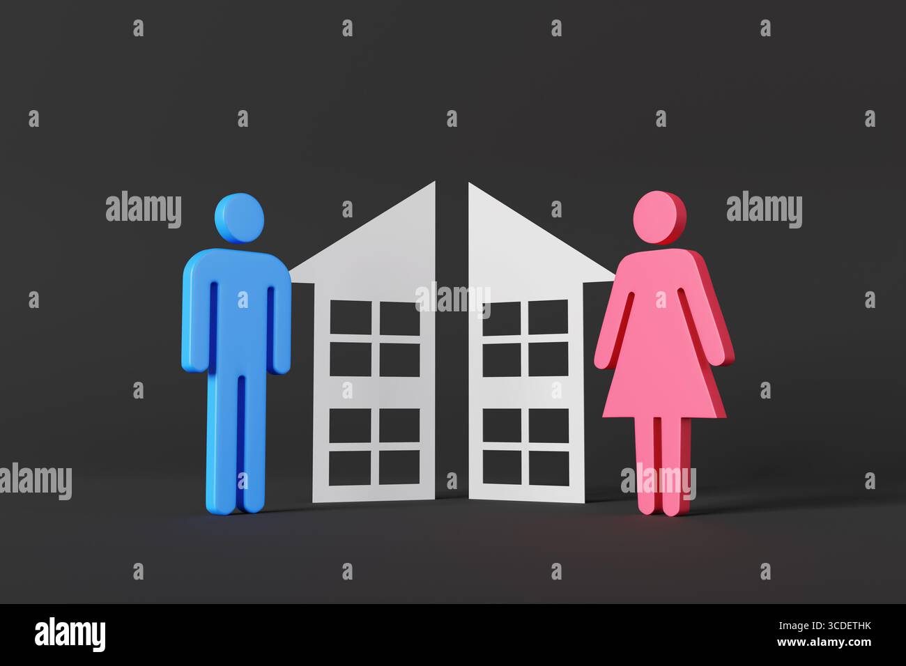 Casa di ritaglio di carta bianca tagliata a metà con un maschio blu e un'icona rossa femmina su ciascun lato su uno sfondo scuro. Concetto di divorzio Foto Stock