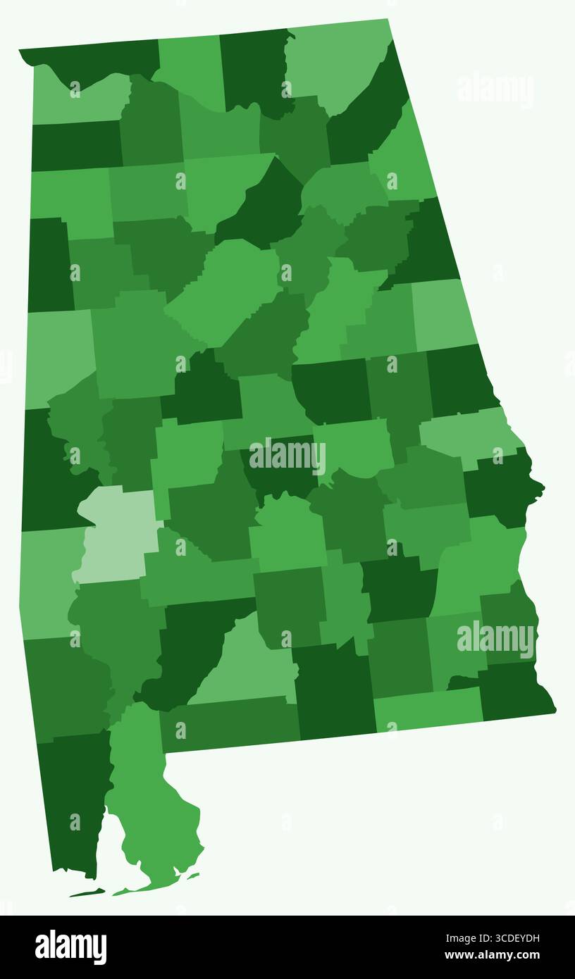 Mappa dell'Alabama con le contee. Solo una semplice mappa del confine di stato con la divisione della contea. Tavolozza dei colori verde. Illustrazione Vettoriale