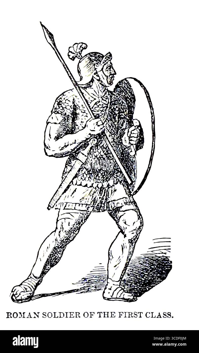 Roman Soldier of the first class from BOOK X - Rome in volume 11, of Ridpath's Universal history : an account of the origin, primitive condition and ethnic Development of the Great races of Mankind, and of the principal events in the Evolution and Progress of the civilized Life between men and Nationals, from recent and Authentic sources with a preliminary investigation on the time, Place and way of the beginning by Ridpath, John Clark, 1840-1900 published in 1897 Foto Stock