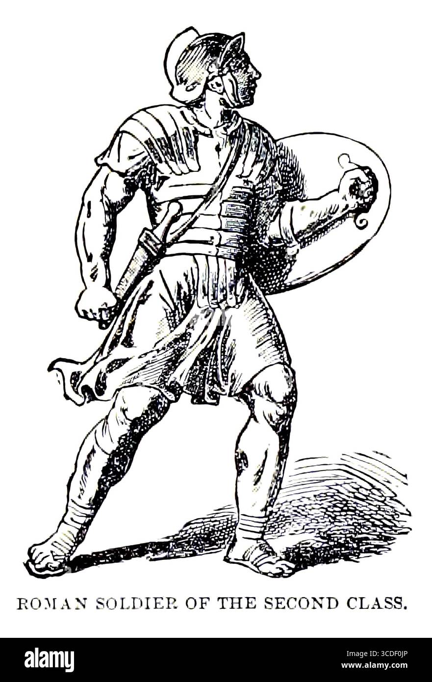 Soldato romano della seconda classe dal LIBRO X - Roma nel volume 11, della storia universale di Ridpath: Un resoconto dell'origine, della condizione primitiva e dello sviluppo etnico delle grandi razze dell'umanità, e dei principali eventi nell'evoluzione e nel progresso della vita civilizzata tra uomini e nazioni, da fonti recenti e autentiche con un'indagine preliminare sul tempo, il luogo e le modalità dell'inizio di Ridpath, John Clark, 1840-1900 pubblicato nel 1897 Foto Stock