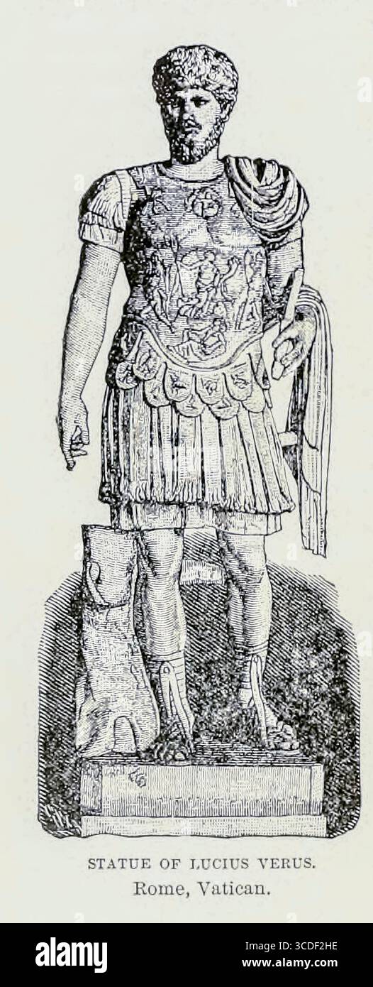 Statua di Lucio vero Un co-imperatore romano che governò al fianco di Marco Aurelio dal 161 al 169 d.C., noto per le sue campagne militari e la leadership congiunta durante il periodo Antonino. Dal LIBRO X - Roma nel volume 11, della storia universale di Ridpath: Un resoconto dell'origine, della condizione primitiva e dello sviluppo etnico delle grandi razze dell'umanità, e dei principali eventi nell'evoluzione e nel progresso della vita civile tra uomini e nazioni, da fonti recenti e autentiche con un'indagine preliminare sul tempo, il luogo e le modalità dell'inizio di Ridpath, John Clark, pubblicato nel 1840-1900 Foto Stock