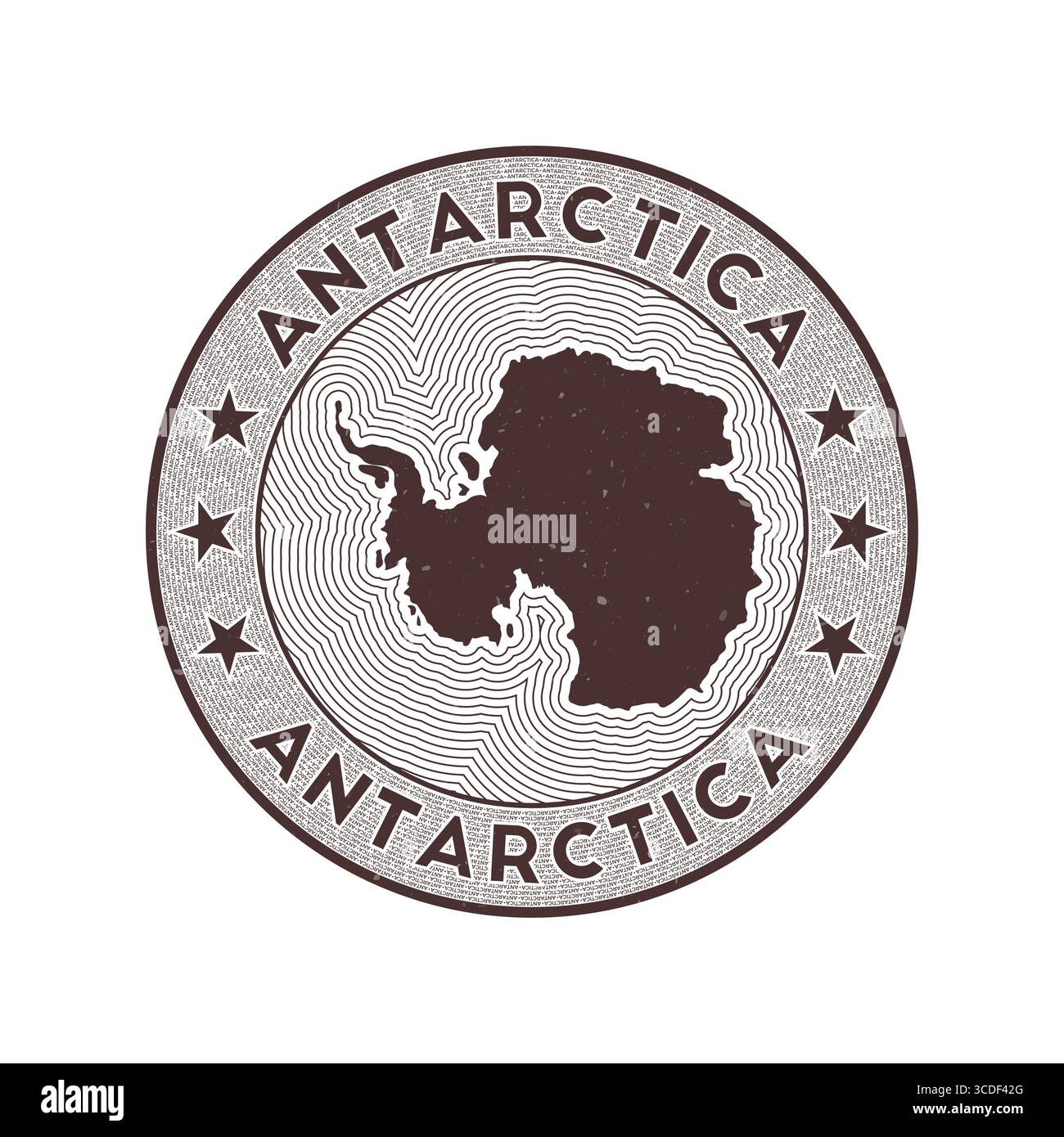 Vettore del badge rotondo dell'Antartide. Francobollo rotondo con forma di Antartide, isoline e nome circolare del paese. Splendido emblema. Illustrazione Vettoriale
