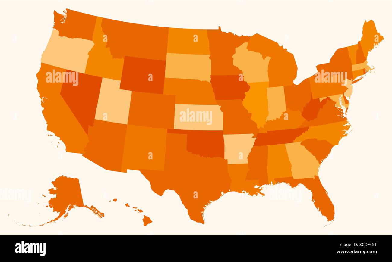 Mappa degli Stati Uniti. Solo una semplice mappa dei confini con la divisione dello stato. Tavolozza dei colori arancione. Mappa semplice con divisione amministrativa. Illustrazione vettoriale. Illustrazione Vettoriale