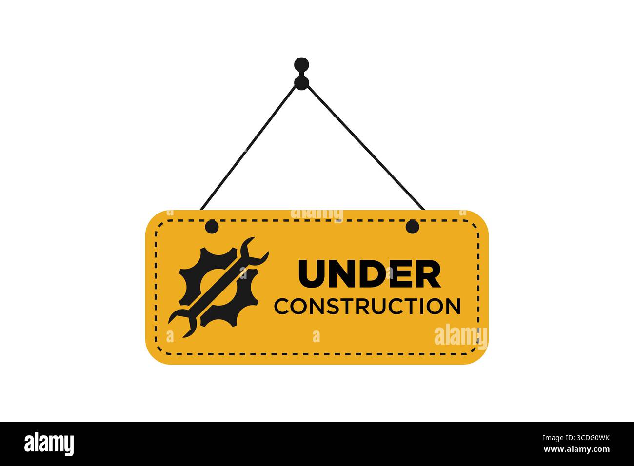 Un segno giallo con le parole "IN COSTRUZIONE" e un'icona a forma di ingranaggio e chiave inglese, che indica un lavoro in corso o una chiusura temporanea. Illustrazione Vettoriale