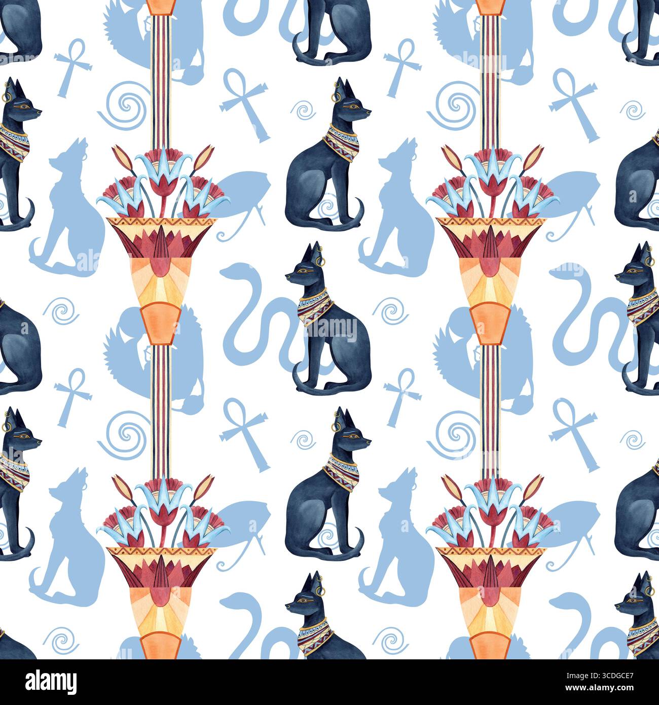 Motivo egiziano senza cuciture. Bastet, loto sacro in vaso antico, croce Ankh. Icona della religione, simbolo dell'Egitto. Ombre astratte ornamento. Acquerello e. Foto Stock