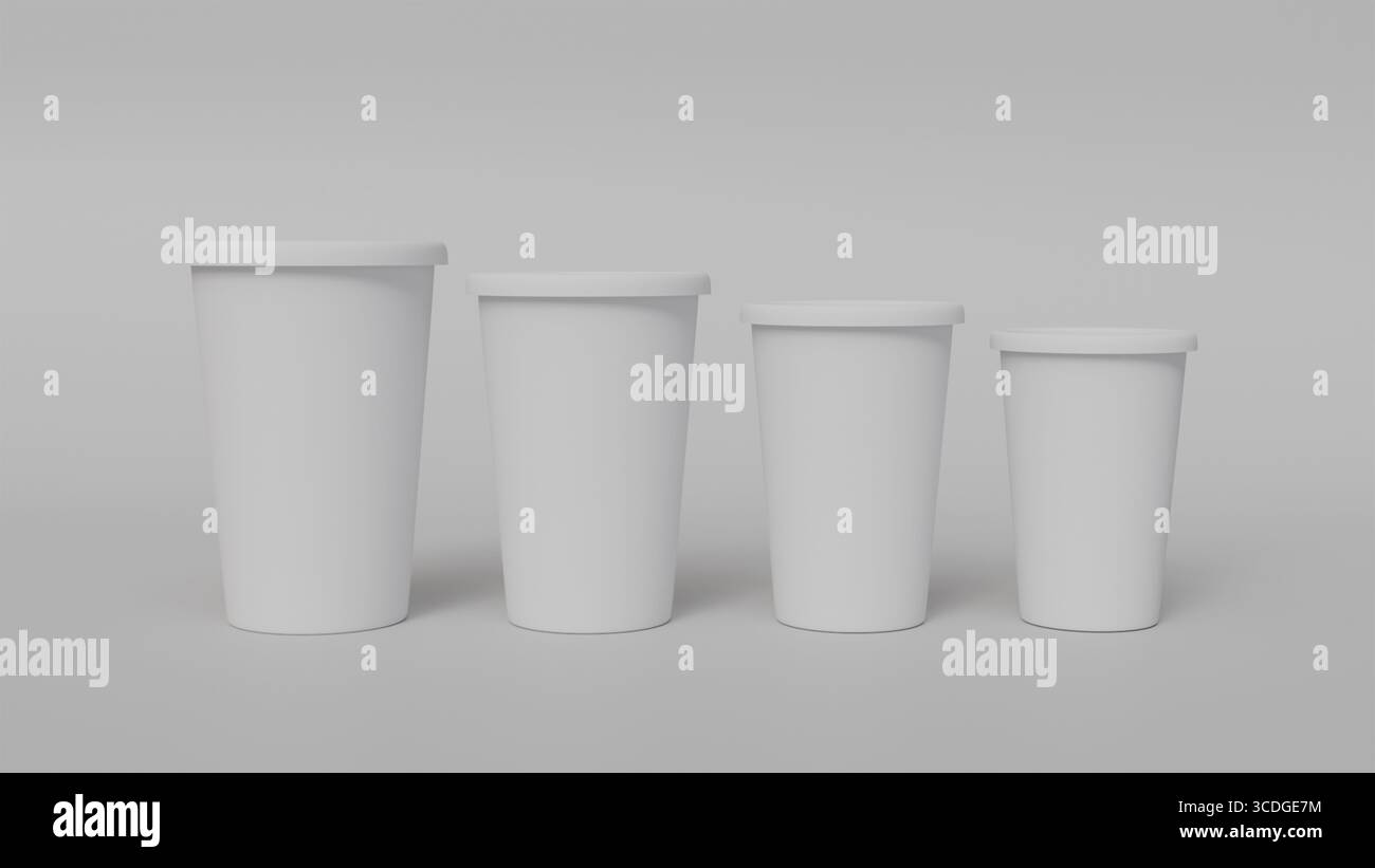Quattro bicchieri monouso di carta bianca di diverse dimensioni in piedi di fila su uno sfondo bianco primo piano, mockup per la progettazione dell'imballaggio Foto Stock