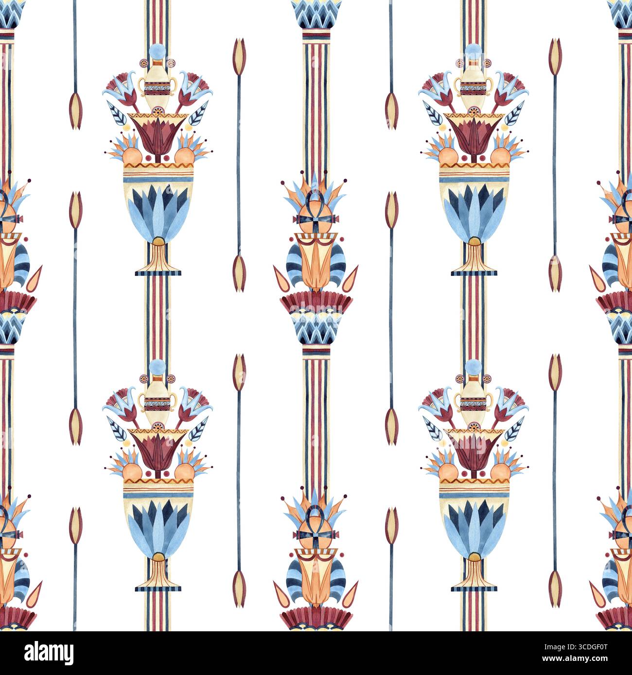 Ornamento orientale arabo senza cuciture con loto sacro in vaso. Simboli etnici tribali. Illustrazione colorata ad acquerello isolata dallo sfondo Foto Stock