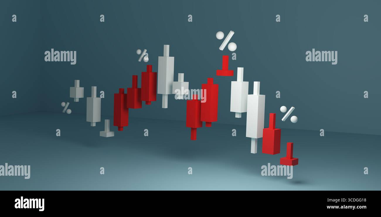Rendering 3D del grafico a candeliere rosso e bianco con simboli di percentuale, che simboleggia l'analisi dei mercati finanziari, il trading azionario, la criptovaluta e gli investimenti Foto Stock