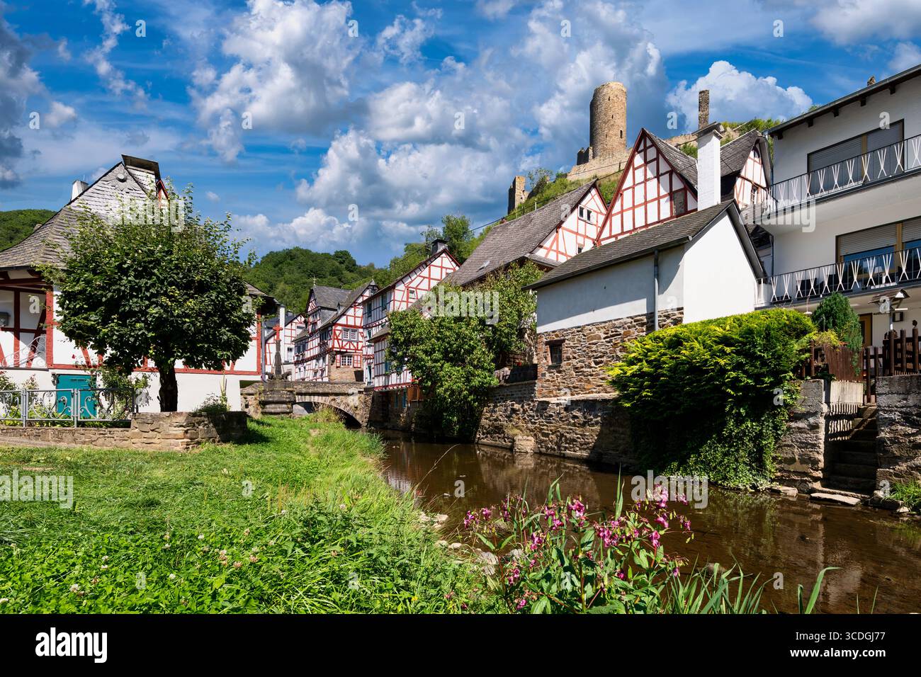 Villaggio storico di Monreal con case restaurate in legno, fiume e Löwenburg in un pittoresco ambiente estivo Foto Stock