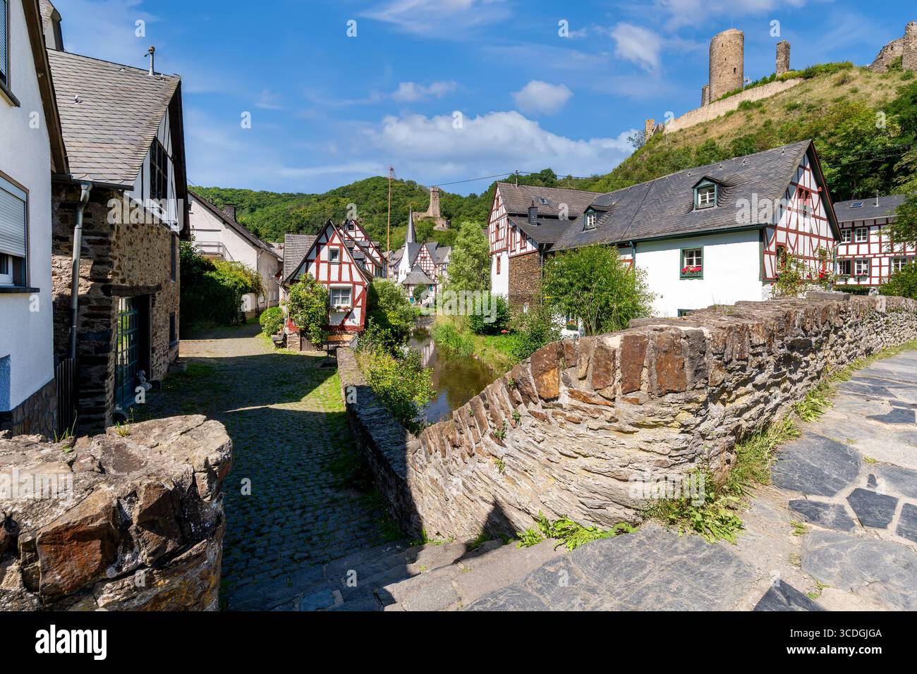 Storiche case in legno, Philippsburg e Löwenburg a Monreal con vista sul vecchio ponte in pietra in estate Foto Stock