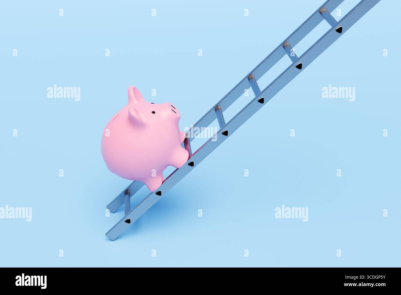 Il salvadanaio rosa sale su una scala di acciaio su uno sfondo azzurro. Concetto della scala del successo e della vittoria nell'accumulo di ricchezza Foto Stock