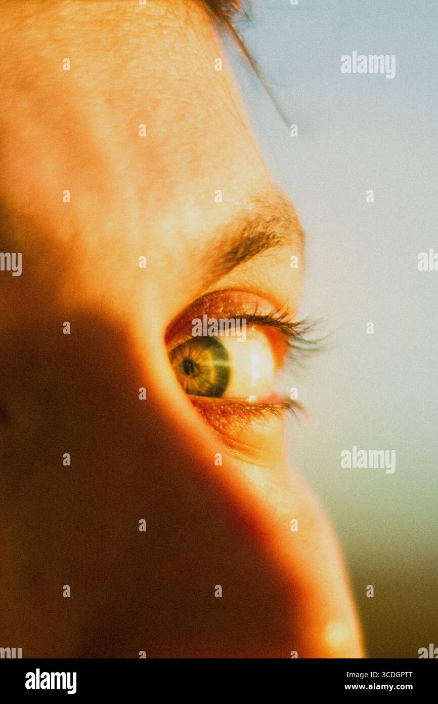 Primer plano de un ojo iluminado por la luz del atardecer, con reflejo en el iris y sombras cálidas que realzan la mirada y la textura de la piel. Foto Stock