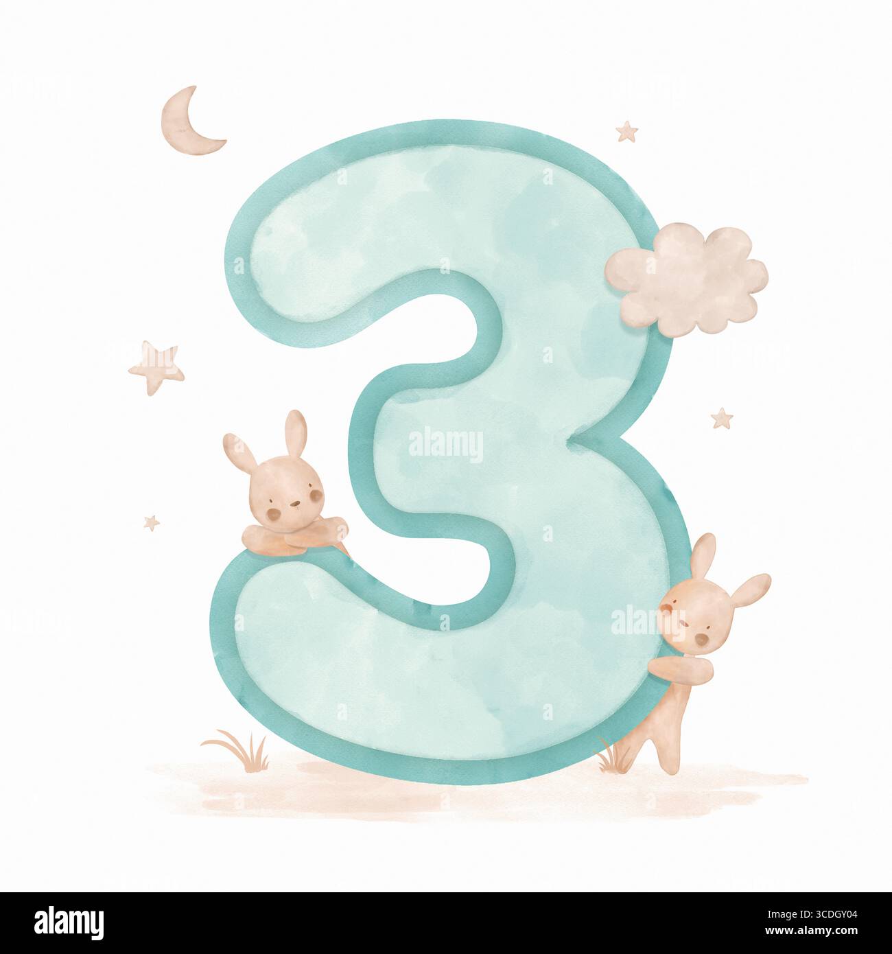 Illustrazione dipinta a mano di graziosi coniglietti e Un numero tre blu. Splendido disegno di Baby Rabbits, Beige Cloud, Crescent Moon, Stars e Number 3. Foto Stock