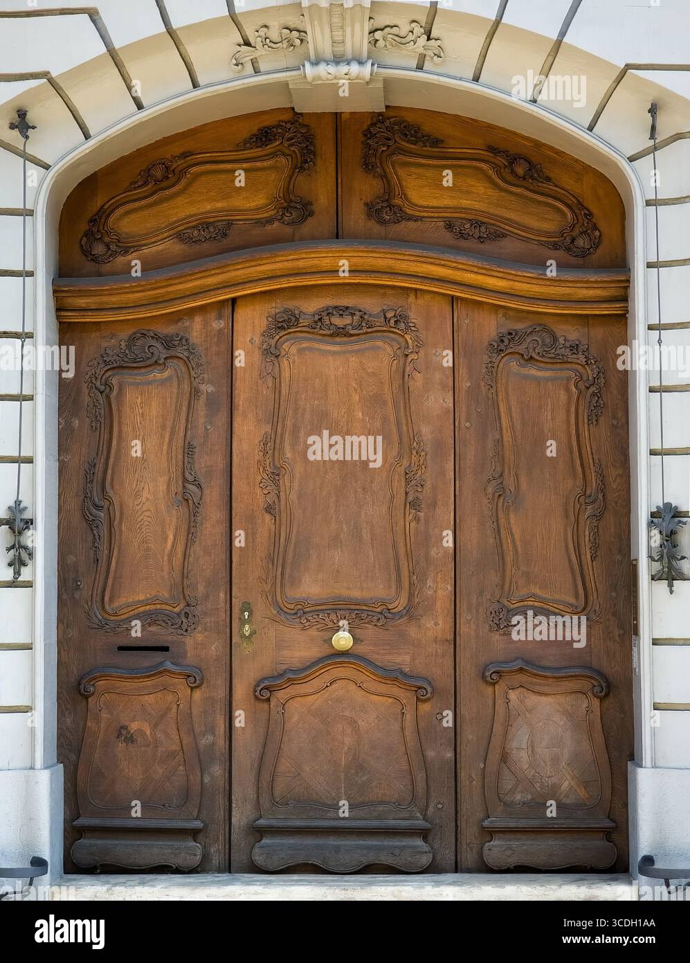 Porta d'ingresso in legno decorata con dettagli decorativi complessi e design ad arco Foto Stock