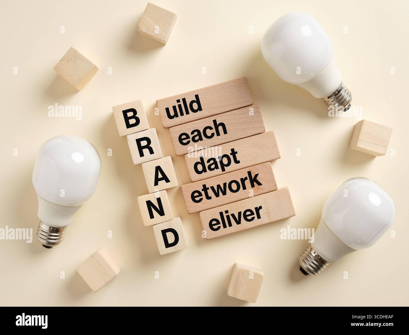 Blocchi di legno che formano il marchio della parola, che rappresentano la creazione di una strategia di successo del marchio con idee brillanti e un lavoro di squadra Foto Stock