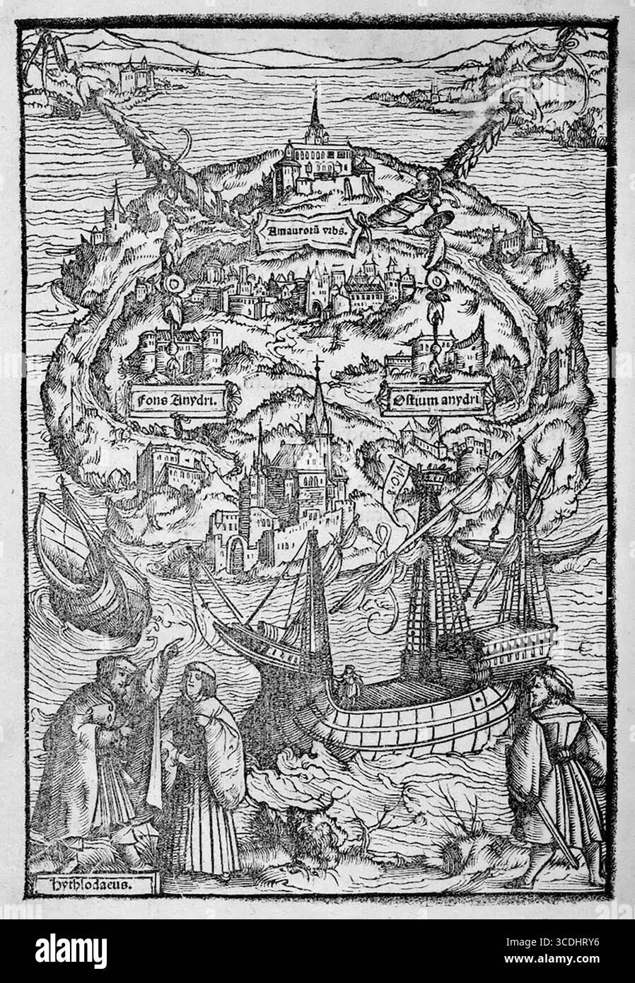 Thomas More, Utopia. Una xilografia di Ambrosius Holbein, che illustra un'edizione del 1518 di Utopia di Thomas More. In basso a sinistra, Raffaello descrive l'isola di Utopia. Foto Stock