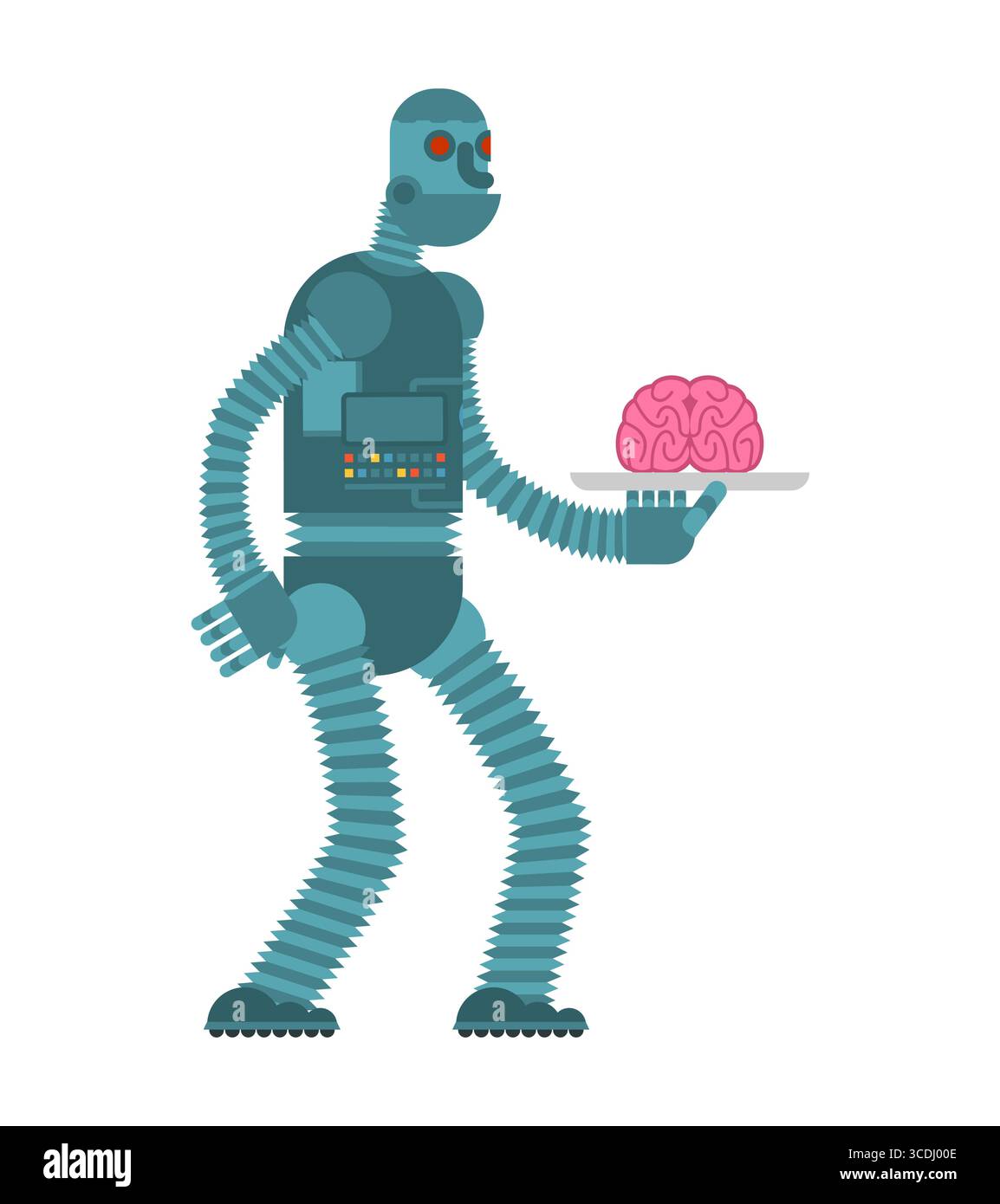 Robot futuristico che tiene un cervello umano su un vassoio, simboleggia l'intelligenza artificiale, l'apprendimento automatico e la fusione della tecnologia con il cogn umano Illustrazione Vettoriale