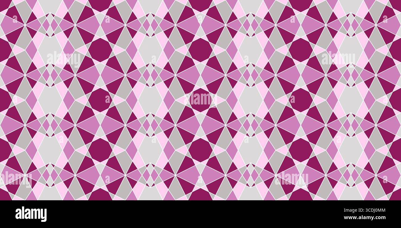Pattern geometrico complesso senza cuciture in sfumature di rosa. Sfondo colorato complicato. Ornamento a mosaico di forme poligonali. Mattonelle quadrate con griglia diamantata. Illustrazione Vettoriale