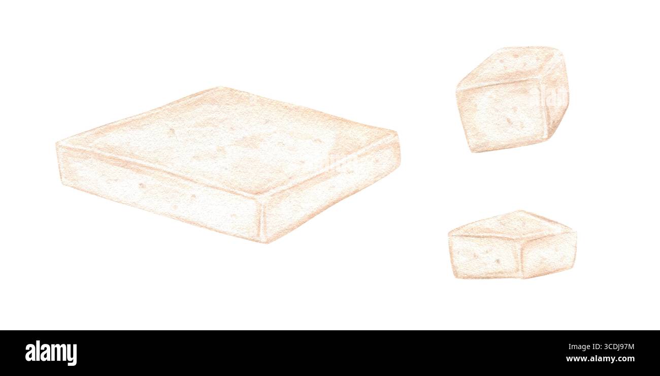 Illustrazione ad acquerello dei cubi di tofu impostata su sfondo isolato. Formaggio bianco, clip art brie o camembert. Cucina asiatica, cucina mediterranea. Foto Stock