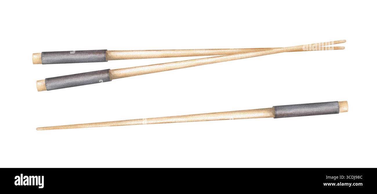 Tradizionali bacchette di legno asiatiche, illustrazione ad acquerello su sfondo isolato. Vista dall'alto. Bacchetta di bambù con supporto nero per mangiare sushi Foto Stock