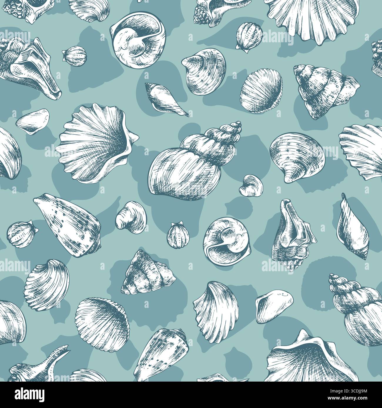 Elegante motivo senza cuciture con conchiglie assortite di colore bianco su sfondo turchese, illustrazione grafica a linee disegnata a mano in inchiostro nero, perfetta per la nautica Illustrazione Vettoriale