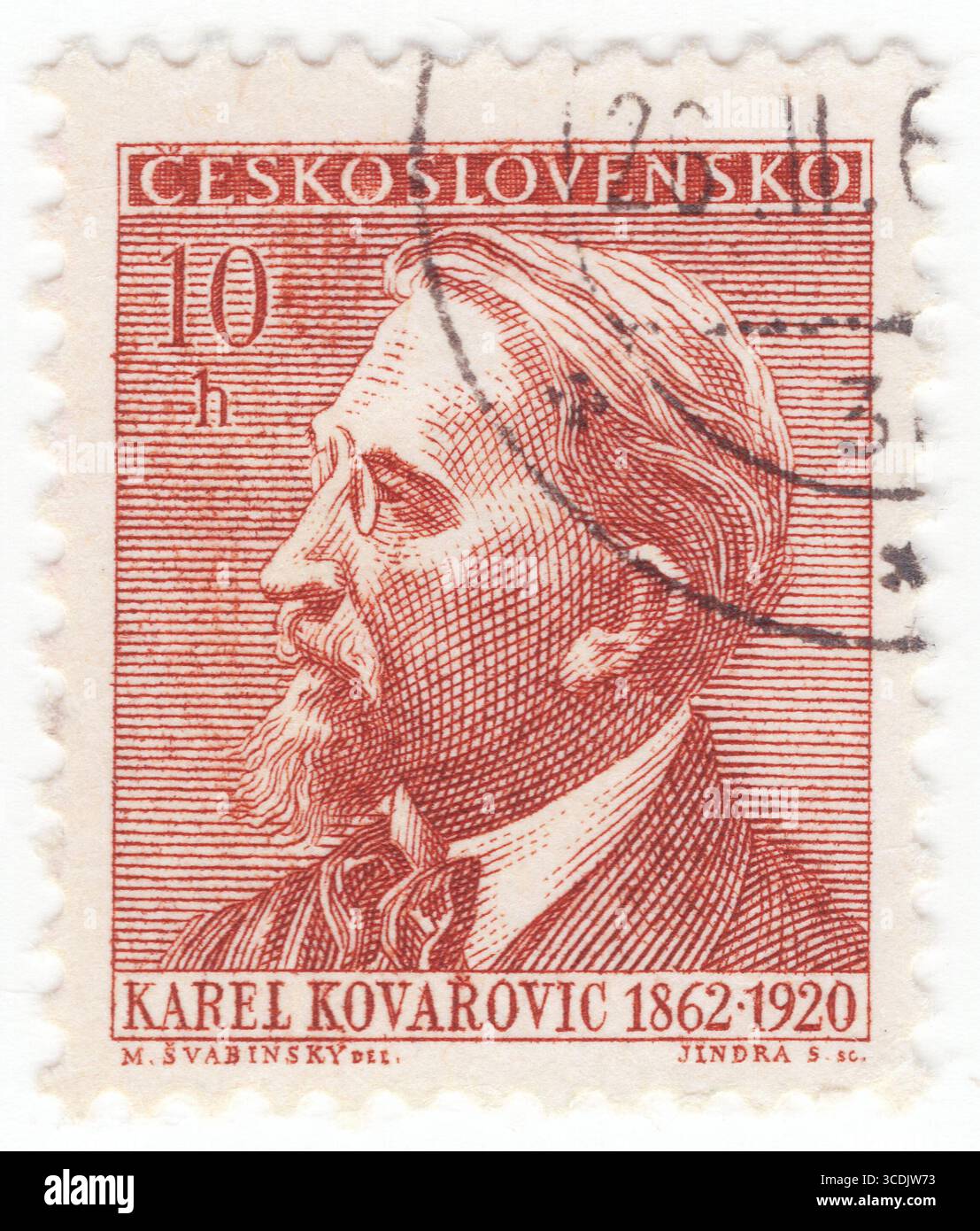 CECOSLOVACCHIA - 1962 febbraio 26: 10 haléř francobollo rosso-marrone raffigurante il ritratto di Karel Kovarovic (Kovařovic). Compositore ceco e direttore del teatro nazionale di Praga Foto Stock