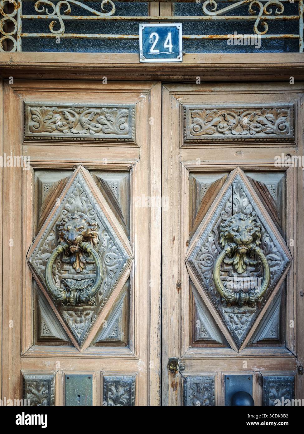 Intricate incisioni e battitori a testa di leone adornano la porta in legno di una casa storica a Toro, riflettendo la bellezza architettonica della città. Foto Stock