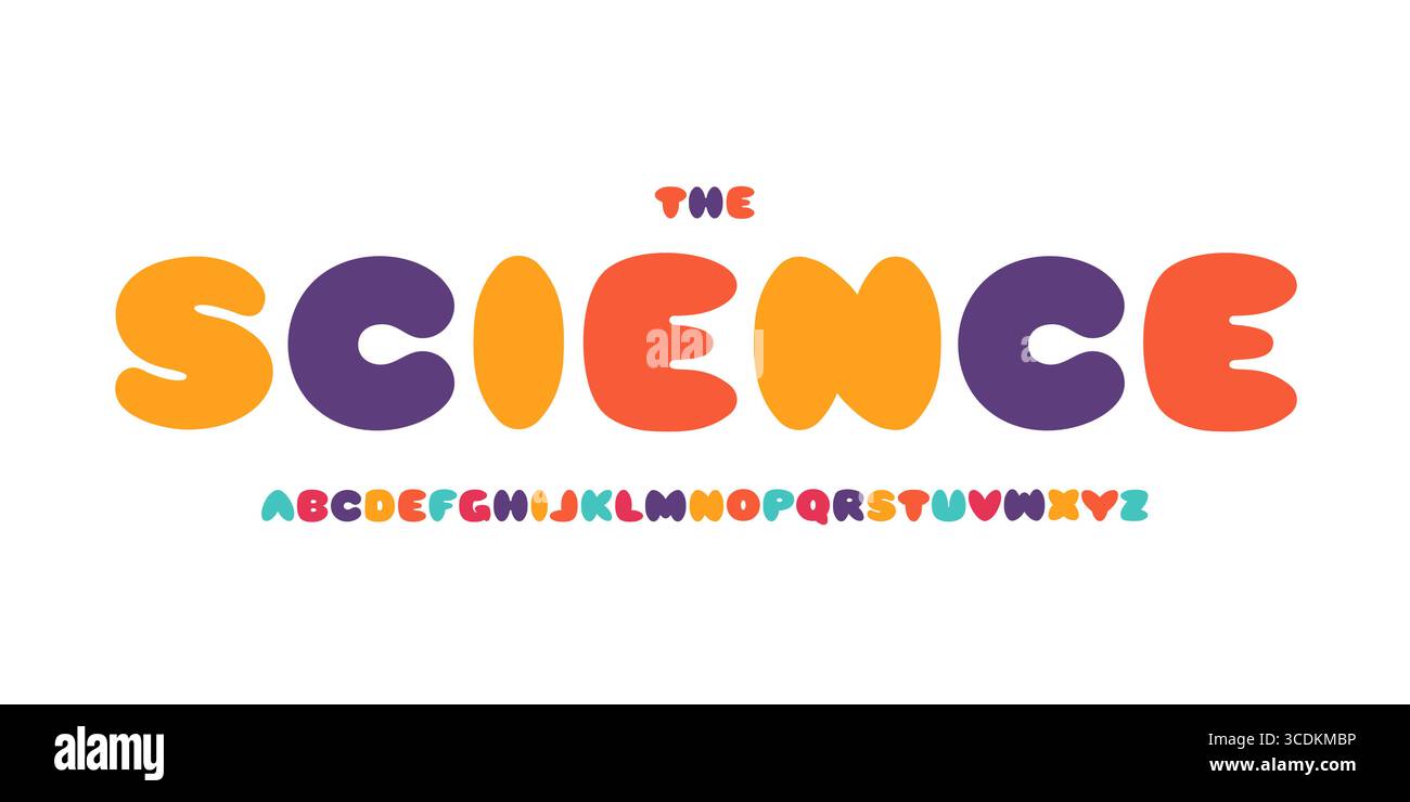 Carattere didattico Kid Science, alfabeto colorato STEM per titoli scientifici, divertente gioco scientifico e design tipografico del libro delle lezioni. Vettore moderno Illustrazione Vettoriale