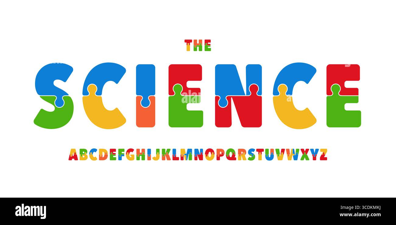 Carattere didattico Kid Science, alfabeto colorato STEM per titoli scientifici, divertente gioco scientifico e design tipografico del libro delle lezioni. Vettore moderno Illustrazione Vettoriale
