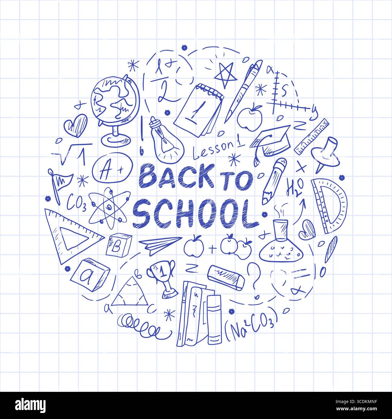 Ornamento Back to School sotto forma di cerchio con disegni scolastici disegnati a mano su un foglio di quaderno. Modello per il concetto di apprendimento con le forniture scolastiche. Design rotondo per poster ed etichette. Illustrazione Vettoriale