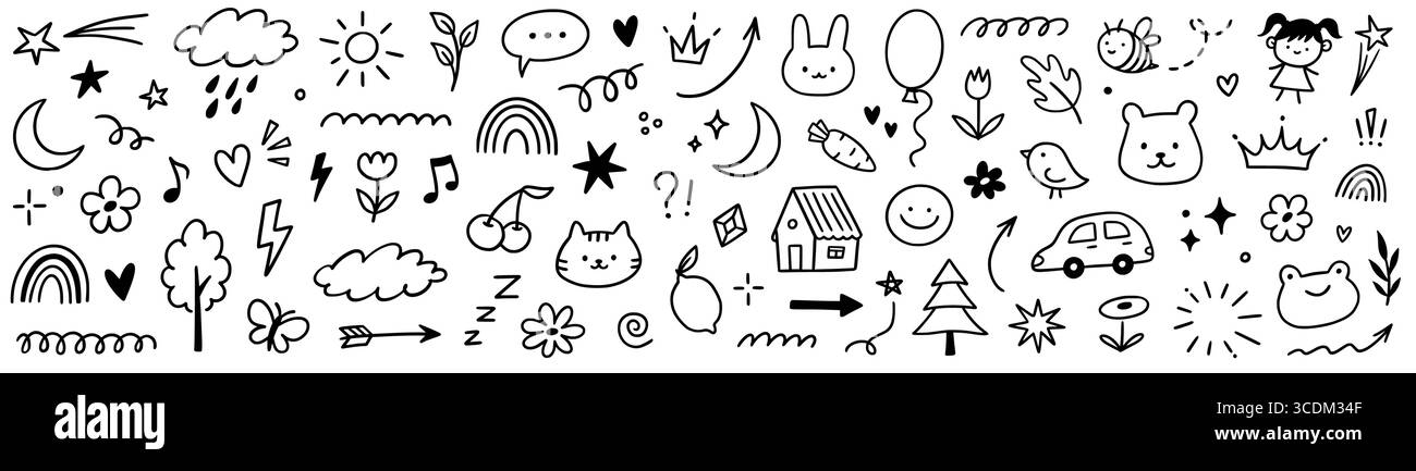 Carino set di icone per bambini. Colorato disegna graziosi fiori, cuore ed elementi arcobaleno. Icona del bambino, della luna e degli animali disegnata a mano con matita pastello. Design estivo infantile con texture scolastica. Illustrazione vettoriale Illustrazione Vettoriale