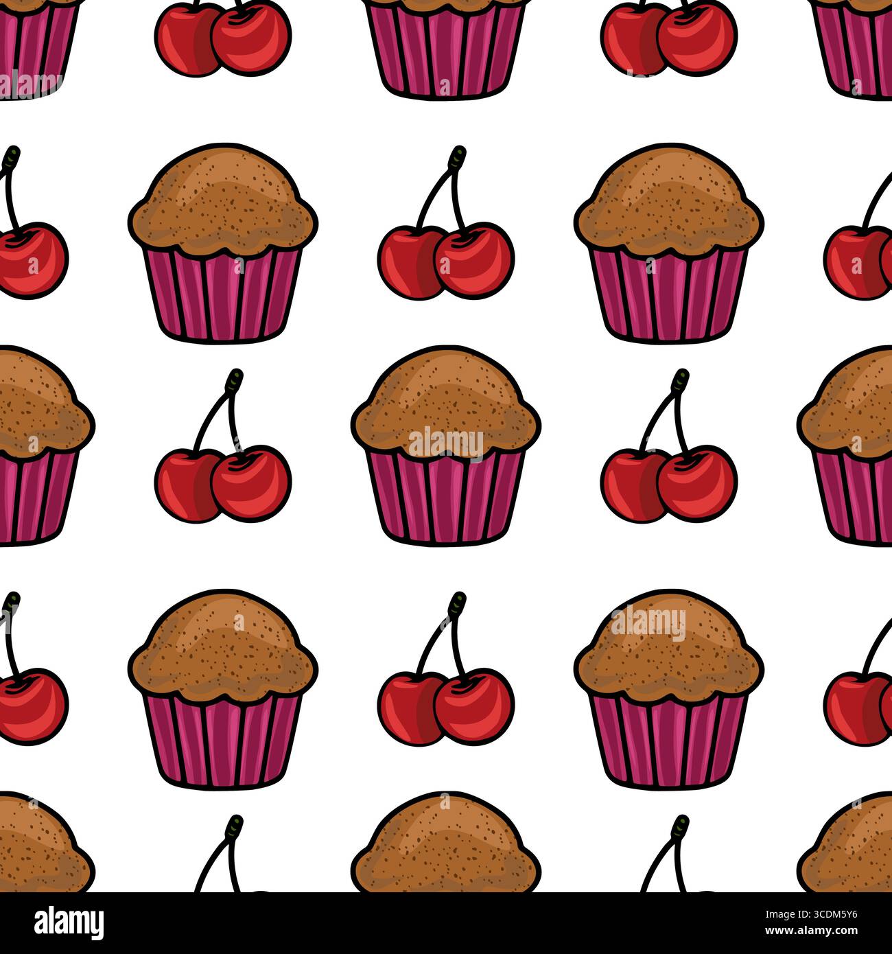 Motivo vettoriale senza cuciture con muffin al cioccolato disegnati a mano e paia di ciliegie, per creare un design accattivante e appetitoso, ideale per i panettieri Illustrazione Vettoriale