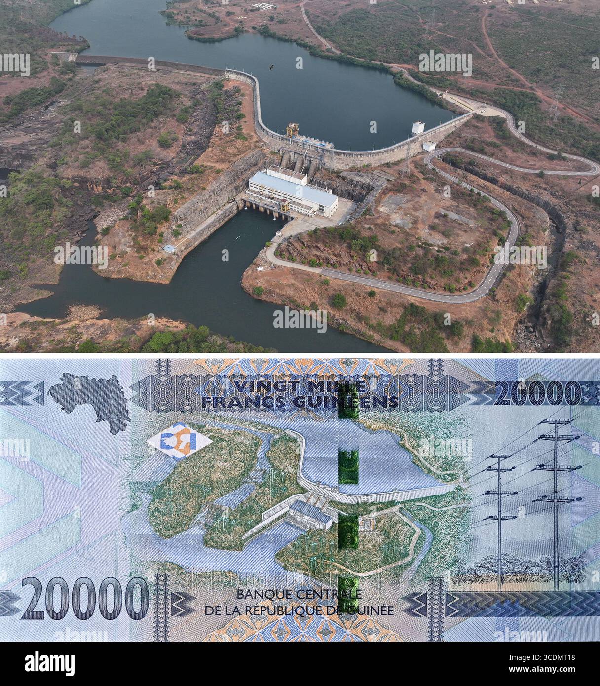 (250813) -- DUBREKA (GUINEA), 13 agosto 2025 (Xinhua) -- la foto combinata mostra una vista aerea della centrale idroelettrica di Kaleta a Dubreka, Guinea, il 24 aprile 2025 (in alto) e una banconota da 000 franchi della Guinea recante l'immagine della centrale idroelettrica di Kaleta, il 1° maggio 2025 (in basso). Sul fiume Konkoure che scorre giù dagli altopiani di Fouta Djallon nella Guinea centrale, l'impressionante struttura della centrale idroelettrica di Kaleta si riflette nelle acque. La struttura ha fornito elettricità stabile alla capitale nazionale di Conakry e ai villaggi delle montagne settentrionali, ora presenti sui 20, 0 della Guinea Foto Stock